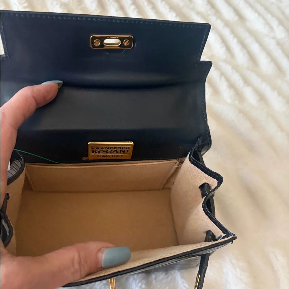 Black Croc-Embossed Top Handle Satchel with Gold Hardware - Picture 5 of 7